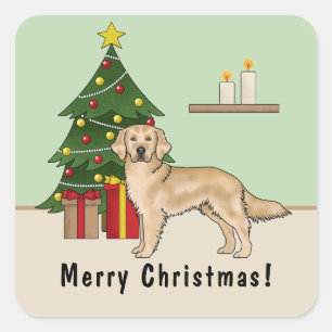 Yellow Golden Retriever Dog With Christmas Tree Square Sticker