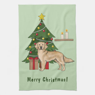 Yellow Golden Retriever Dog With Christmas Tree Tea Towel