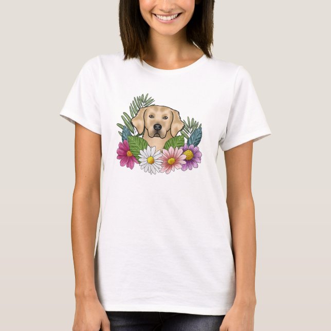 Yellow Golden Retriever Head With Colourful Flower T-Shirt (Front)