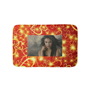 Yellow Golden Sparkling Hearts on red background   Bath Mat