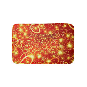 Yellow Golden Sparkling Hearts on red background Bath Mat