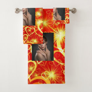 Yellow Golden Sparkling Hearts on Red Background   Bath Towel Set