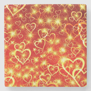Yellow Golden Sparkling Hearts on red background Stone Coaster