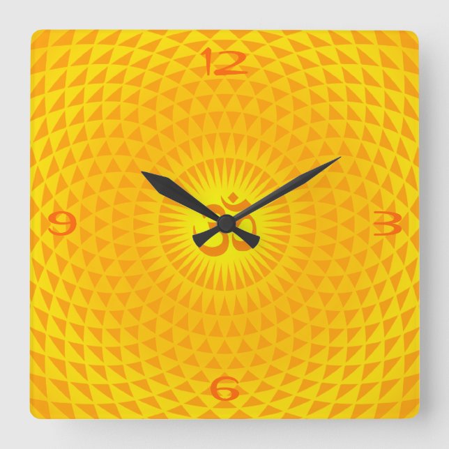 Yellow Golden Sun Lotus flower meditation wheel OM Square Wall Clock (Front)