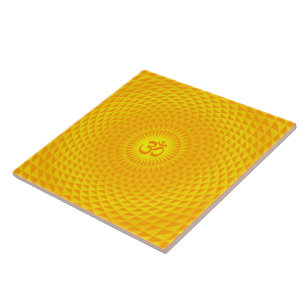 Yellow Golden Sun Lotus flower meditation wheel OM Tile