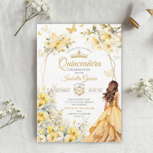 Yellow Golden Tiara Floral Butterflies Quinceañera Invitation