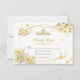 Yellow Golden Tiara Floral Butterflies Quinceañera RSVP Card