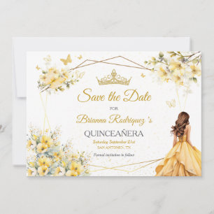Yellow Golden Tiara Floral Butterflies Quinceañera Save The Date