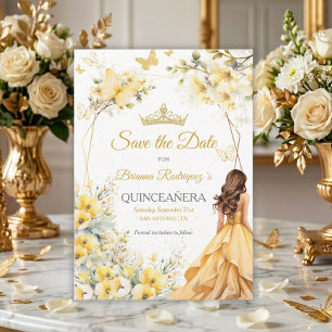 Yellow Golden Tiara Floral Butterflies Quinceañera Save The Date