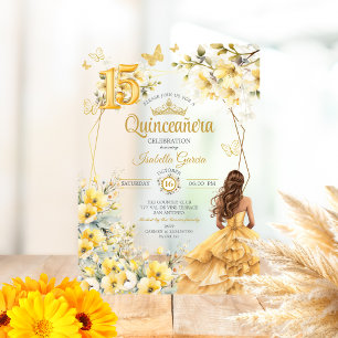 Yellow Golden Tiara Floral Butterfly Quinceañera Acrylic Invitations