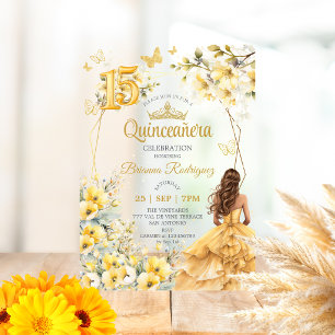 Yellow Golden Tiara Floral Butterfly Quinceañera  Acrylic Invitations
