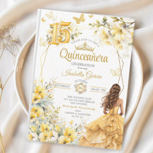 Yellow Golden Tiara Floral Butterfly Quinceañera Invitation