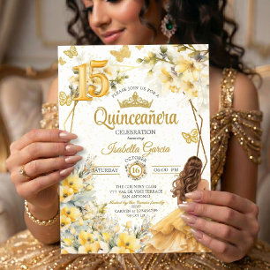 Yellow Golden Tiara Floral Butterfly Quinceañera Invitation