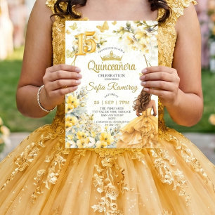 Yellow Golden Tiara Floral Butterfly Quinceañera  Invitation