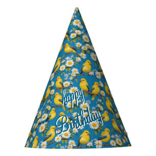 Yellow Goldfinch Birds On Branches With Daisies Party Hat
