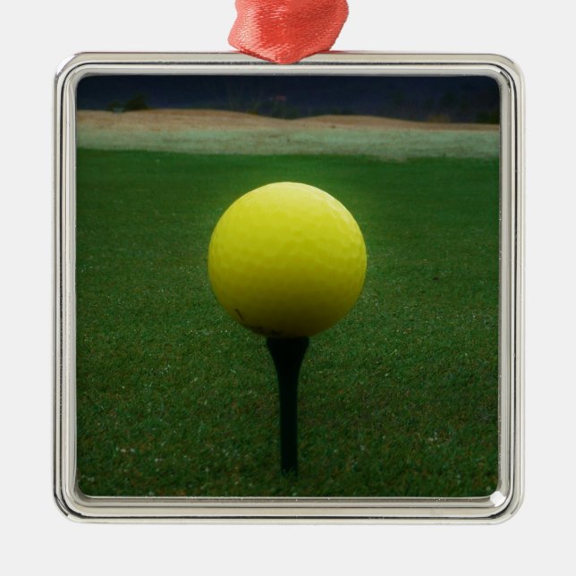 Yellow Golf Ball on a mountain golf course Metal Tree Decoration (Front)