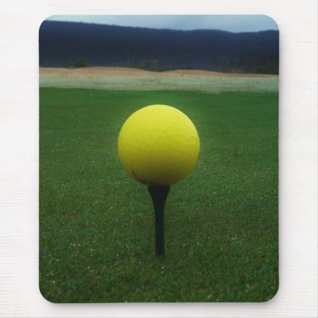 Yellow Golf Ball on a mountain golf course Mouse Pad (Front)