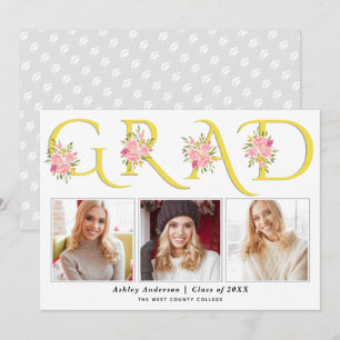 Yellow GRAD typography pink roses photo graduation Announcement