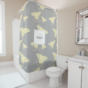 Yellow Graphic Butterflies On Grey Background Shower Curtain