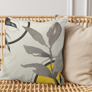 Yellow Gray Black & Gold Watercolor Leaves Cushion