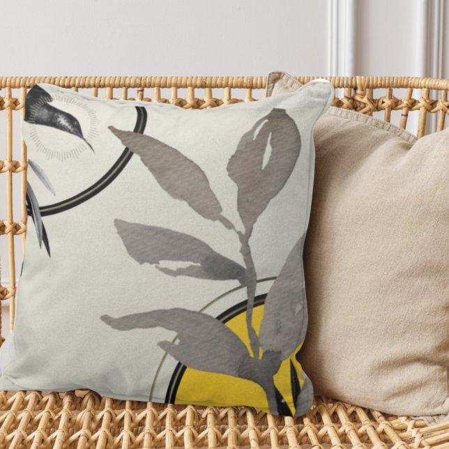 Yellow Gray Black & Gold Watercolor Leaves Cushion (Creator Uploaded)