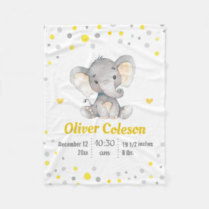 Yellow Gray Elephant Polka Dot Baby Stats Nursery Fleece Blanket