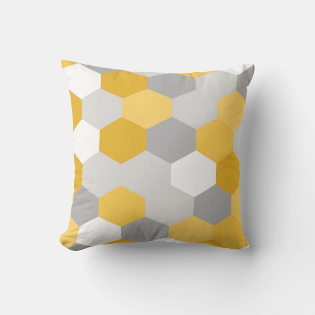 Yellow Gray Hexagon Geometric Pattern Cushion (Front)