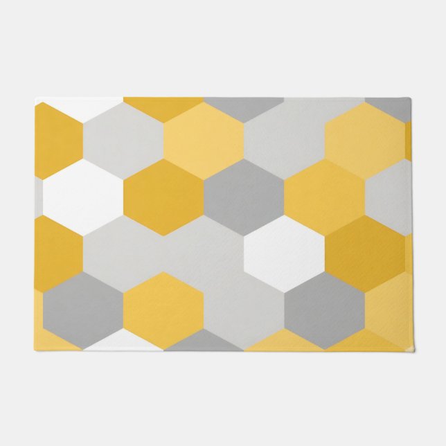 Yellow Gray Hexagon Geometric Pattern Doormat (Front)