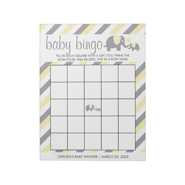 Yellow & Gray Stripe Elephant Baby Shower- Bingo Notepad (Rotated)