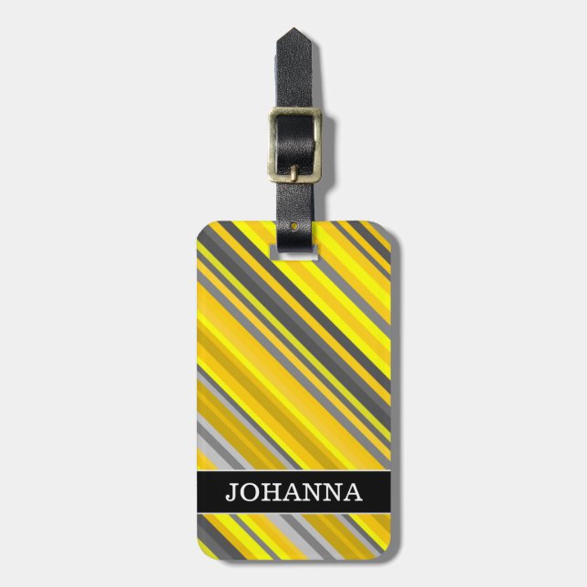 Yellow & Gray Stripes Pattern + Custom Name Luggage Tag (Front Vertical)