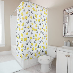 Yellow Gray Watercolor Flower Pattern Shower Curtain