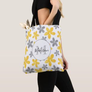 Yellow & Gray Watercolor Flower Pattern  Tote Bag