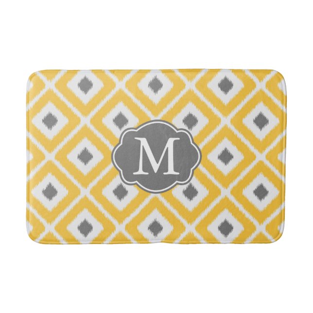Yellow, Gray, White Ikat Diamond Pattern Bath Mat (Front)