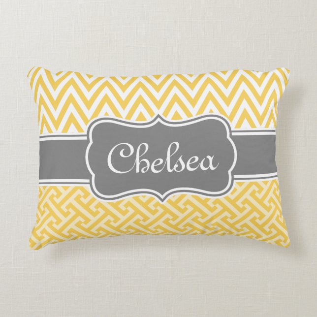 Yellow Greek Key Chevron Patterns Grey Name Decorative Cushion (Front)