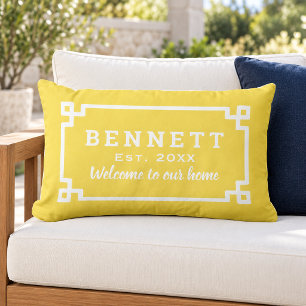 Yellow Greek Key Monogram Welcome Lumbar Cushion