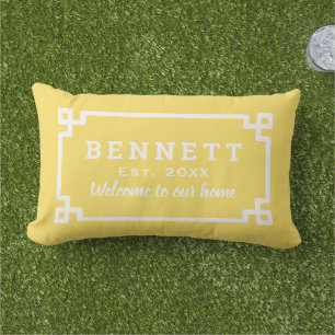 Yellow Greek Key Monogram Welcome Lumbar Cushion