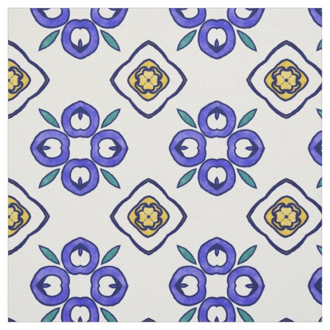 Yellow, Green and Blue Floral Damask Pattern Fabric (Swatch)