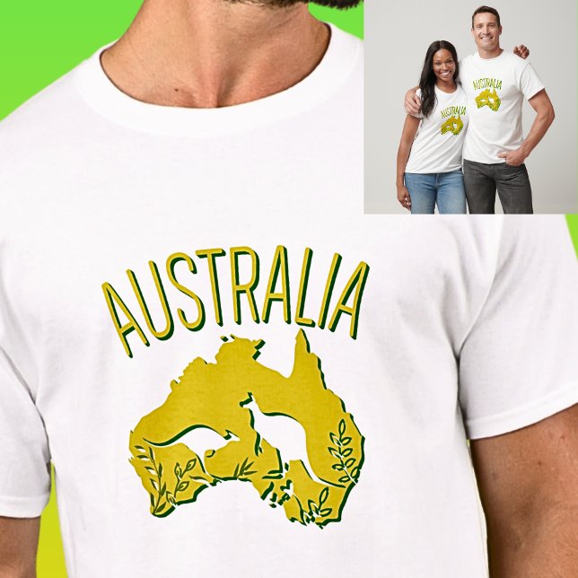Yellow Green Australia Map with Kangaroos on Light T-Shirt (Creator Uploaded)