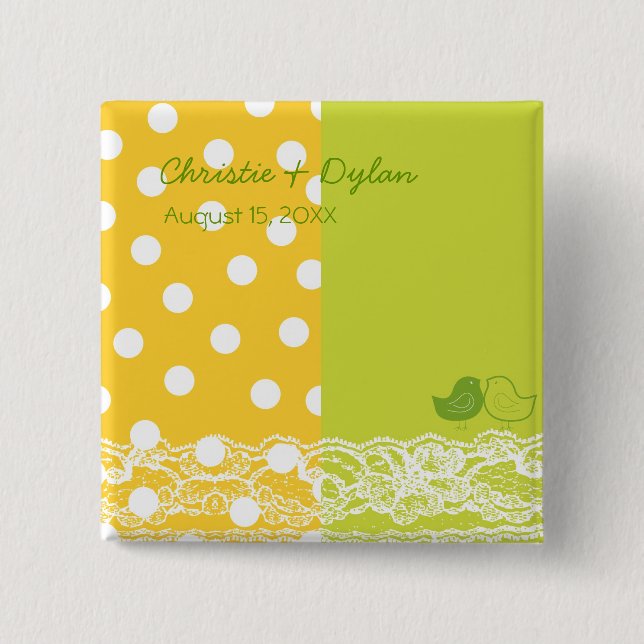 Yellow Green Birds Scrapbook Lace Wedding Button (Front)