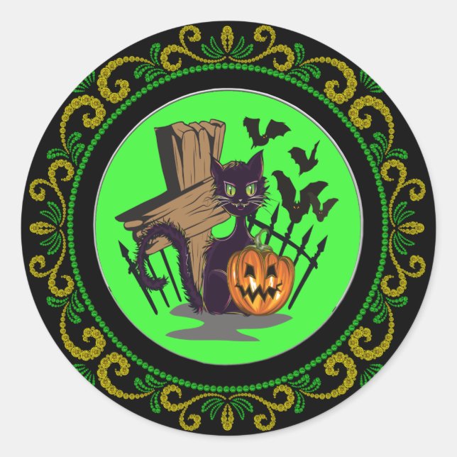 Yellow Green Black Cat Tombstone Bats Halloween Classic Round Sticker (Front)