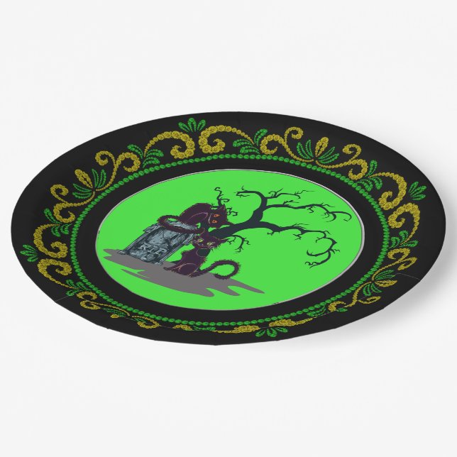 Yellow Green Black Cats Tombstone Tree Halloween Paper Plate (Angled)