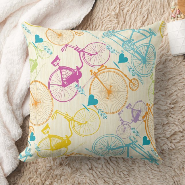 Yellow Green Blue Pink Retro Bicycle Pattern Cushion (Blanket)