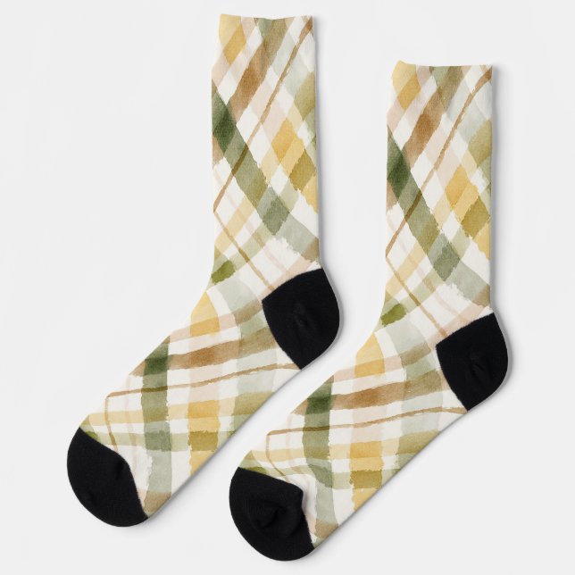 Yellow Green Brown Plaid Stripes  Socks (Left)