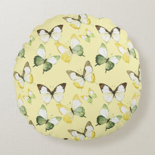 Yellow Green Butterflies Birthday Round Cushion