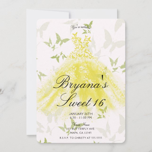 Yellow Green Butterfly Dance Dress Sweet 16 Party Invitation (Front)