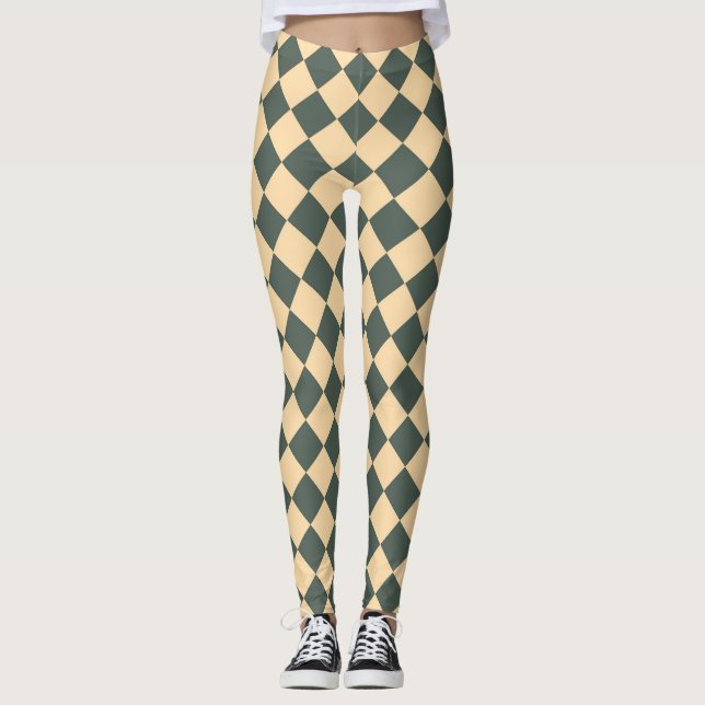 Yellow Green Checker Diamond Pattern Leggings (Front)