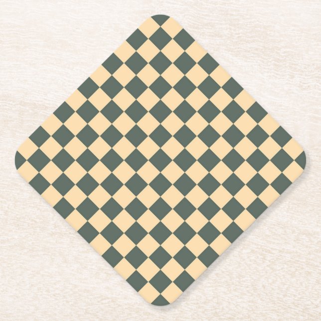 Yellow Green Checker Diamond Pattern Paper Coaster (Front)