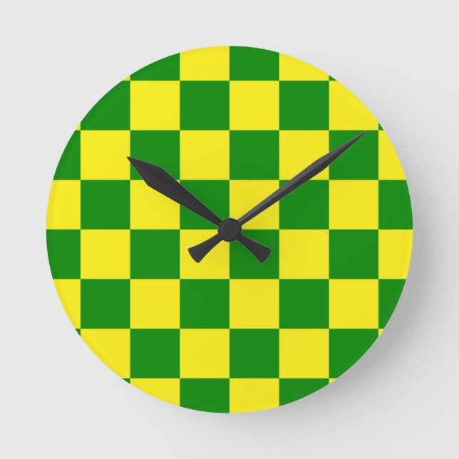 Yellow Green Chequered Check Pattern Round Clock (Front)
