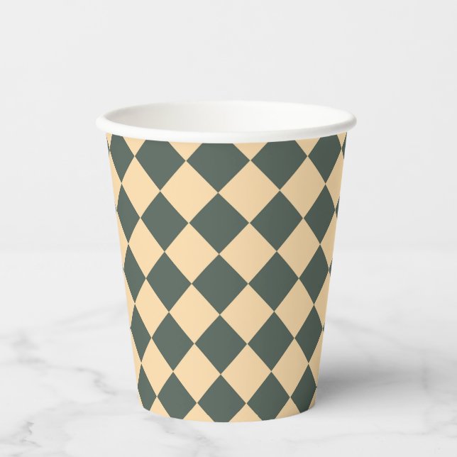 Yellow Green Chequered Diamond Pattern Paper Cups (Front)