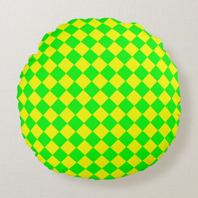 Yellow Green Chequered Diamond Pattern  Round Cushion (Front)